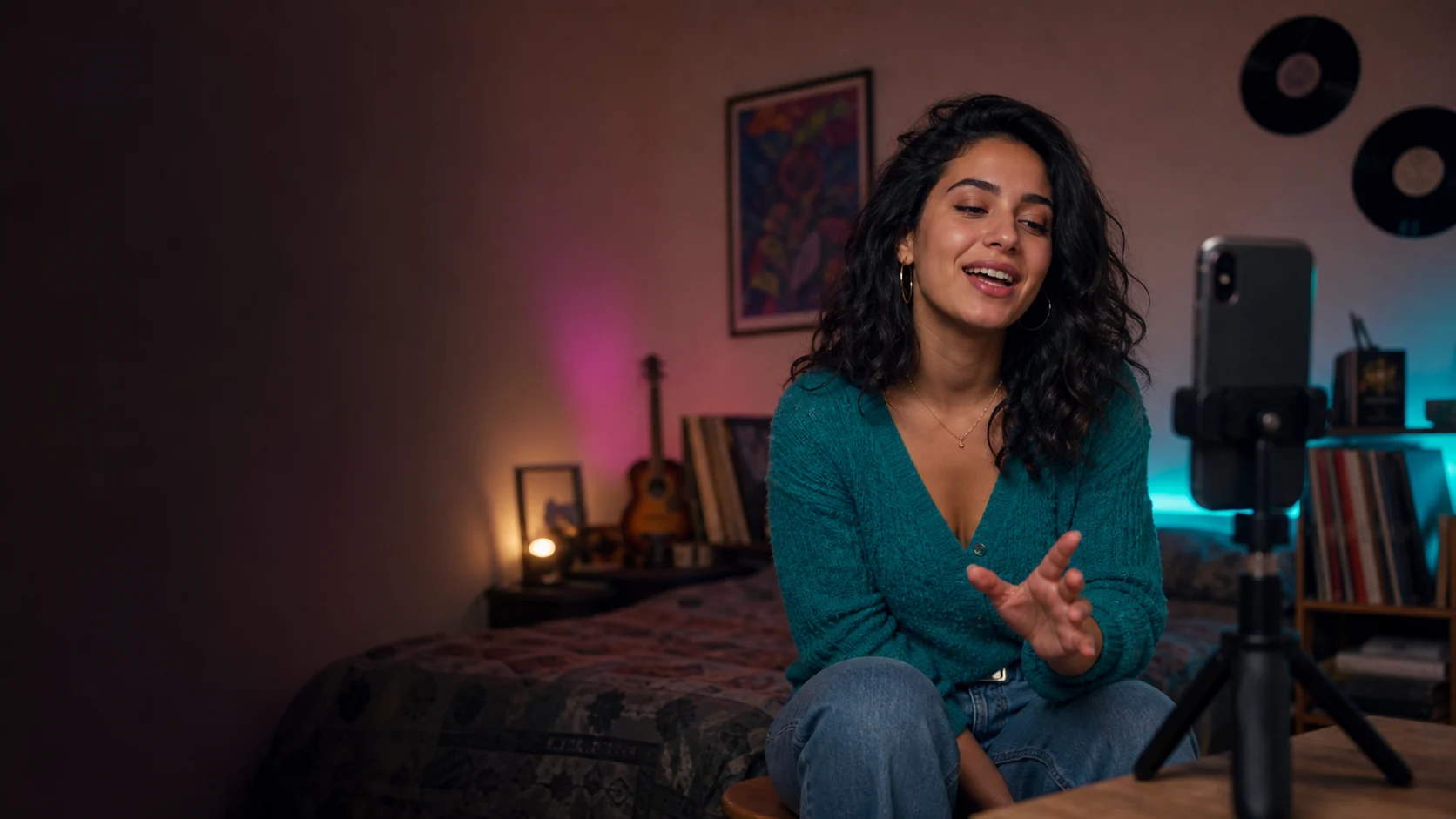 Modern Moroccan woman hosting entertainment live on her phone with virtual gifts